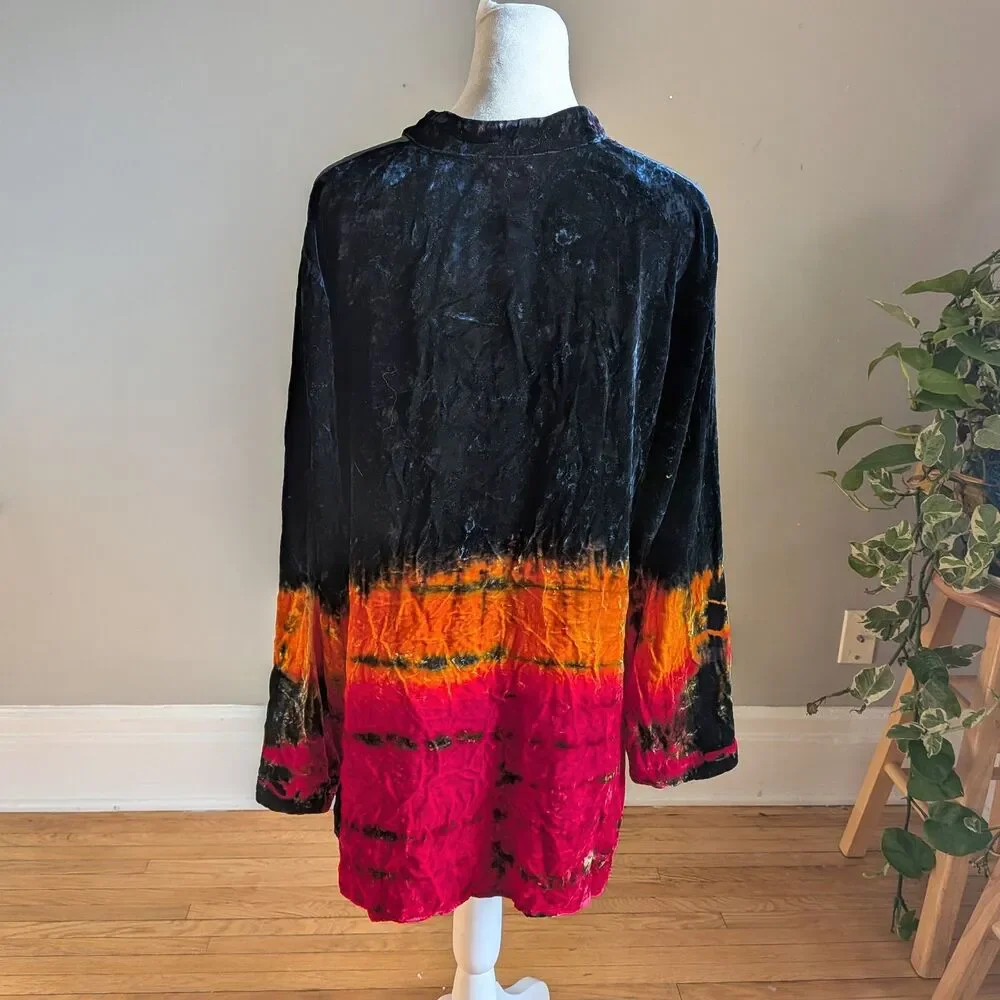 Vintage Y2K Citron Velvet Burnout Top Button Front Tie Dye Whimsygoth Size XL
